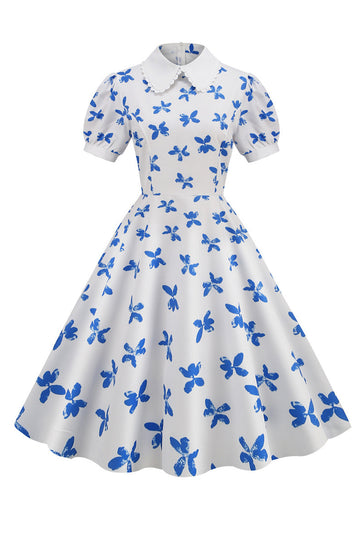 Vestido Vintage Mangas Cortas Estampado Blanco